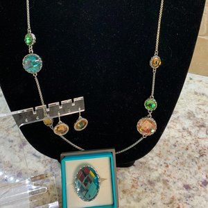 Faceted Necklace, Ring, Earring set - blue & blush - Fashion Jewelry